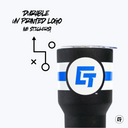 a black and white cup with a blue stripe on it