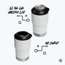 a white and black cup with a black lid and a white cup with a black