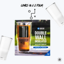 a picture of a glass of liquid next to a package of double wall insulated