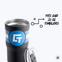 a black and blue tumbler cup with a blue and white stripe