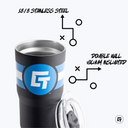 a black and blue tumbler cup with the words gf on it