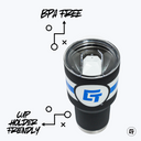 a black and white cup with a blue stripe on it