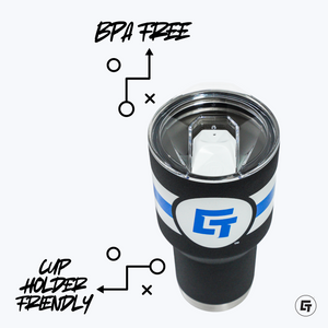 a black and white cup with a blue stripe on it