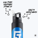 a black and blue water bottle with the words f on it