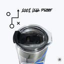 a close up of a metal cup with a black lid