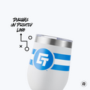 a white and blue tumbler with a blue and white stripe