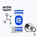 a blue and white cup with a carafe next to it