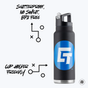 a black and blue water bottle next to a white background