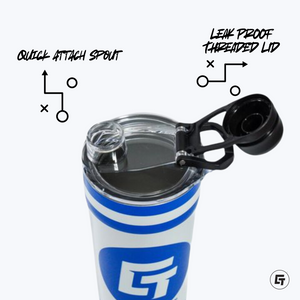 a blue and white cup with a black lid