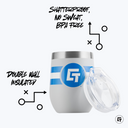 a white cup with a blue stripe around it