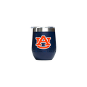 Auburn 12oz stemless tumbler with logo wrap, clear glass, and black silicone bottom, branded by gametimesidekicks.