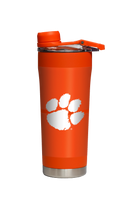 Clemson stainless steel shaker bottle with barbell design by gametimesidekicks, featuring a sleek, durable construction for fitness use.