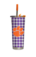 Clemson Straw Tumbler with white and gingham pattern, branded by gametimesidekicks, showing the tumbler with a straw and lid.
