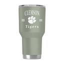 Clemson 30oz Tumbler Sage ProGloss by gametimesidekicks, showing a durable, glossy green insulated tumbler with Clemson logo.