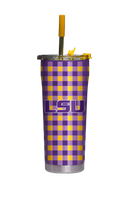 LSU Straw Tumbler by gametimesidekicks featuring a gingham pattern, made of durable material with a straw for drinks.