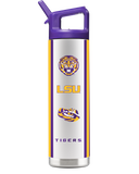 LSU 22oz mascot bottle by gametimesidekicks, featuring LSU mascot logo and white design on a clear plastic bottle.