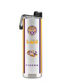 Back view of a 22oz LSU mascot bottle by gametimesidekicks, featuring the LSU logo and mascot design in white and green.