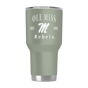 Sage green Ole Miss 30oz tumbler with ProGloss finish by gametimesidekicks, featuring a durable stainless steel body and lid.