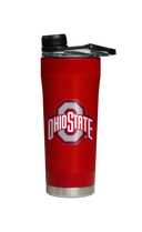 Ohio State stainless steel shaker bottle with red lid and barbell design for fitness enthusiasts, by gametimesidekicks.