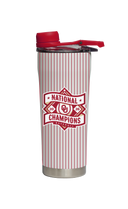 Oklahoma baseball national champs shaker bottle with white pinstripe design, branded by gametimesidekicks.