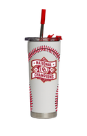 Oklahoma Baseball National Champions straw tumbler with white background, featuring team logo and branding by gametimesidekicks.