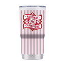 Oklahoma baseball national champs 20oz pinstripe tumbler with team logo and white pinstripe design, made by gametimesidekicks.