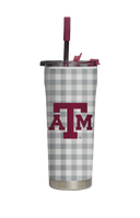 Texas A&M straw tumbler with gingham pattern, featuring a clear straw and white lid, designed by gametimesidekicks.