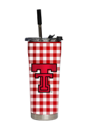 Texas Tech Straw Tumbler with red gingham pattern by gametimesidekicks, featuring a clear straw and Texas Tech logo.