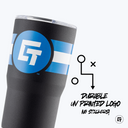 a black and blue tumbler cup with a white stripe