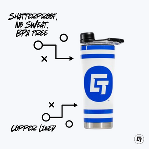 a blue and white canister with a black lid