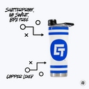 a blue and white canister with a black lid