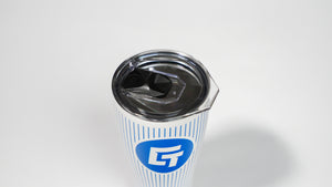 a blue and white cup with a black lid