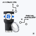 a black and white cup with a blue stripe around it